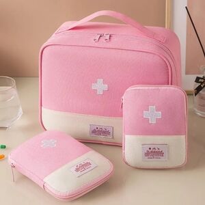 3 PCS First Aid Medicine Travel Toiletries Bag Pouch Set PINK